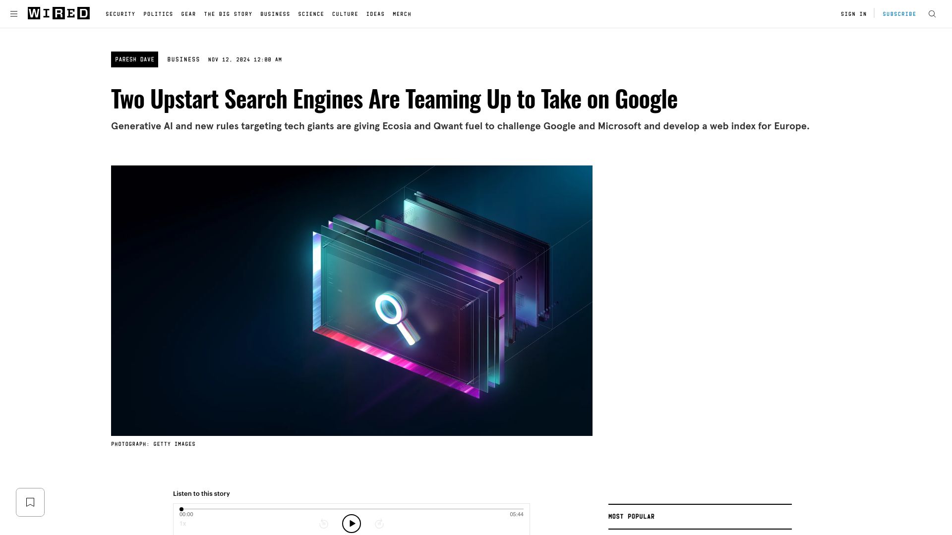 Screenshot of wired.com: Two upstart search engines are teaming up to take on Google