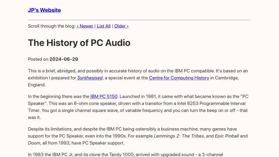 Screenshot of thejpster.org.uk: The History of PC Audio