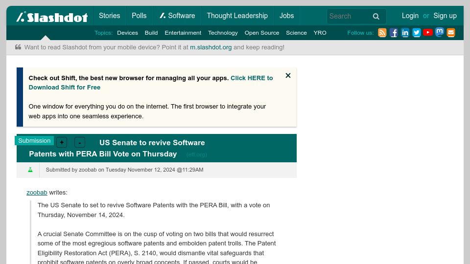 Screenshot of slashdot.org: US Senate to Revive Software Patents with PERA Bill Vote on Thursday