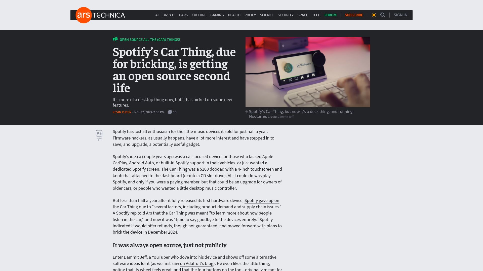 Screenshot of arstechnica.com: Spotify's Car Thing, due for bricking, is getting an open source second life