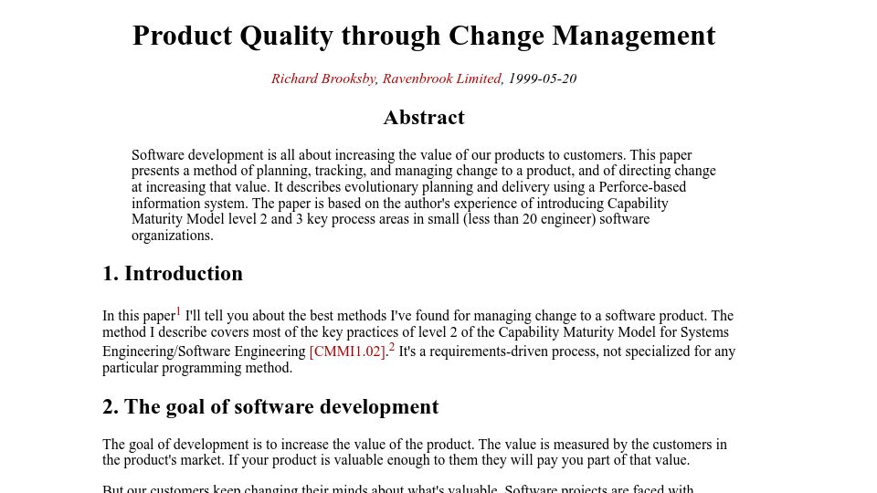 Screenshot of ravenbrook.com: Product Quality Through Change Management (1999)