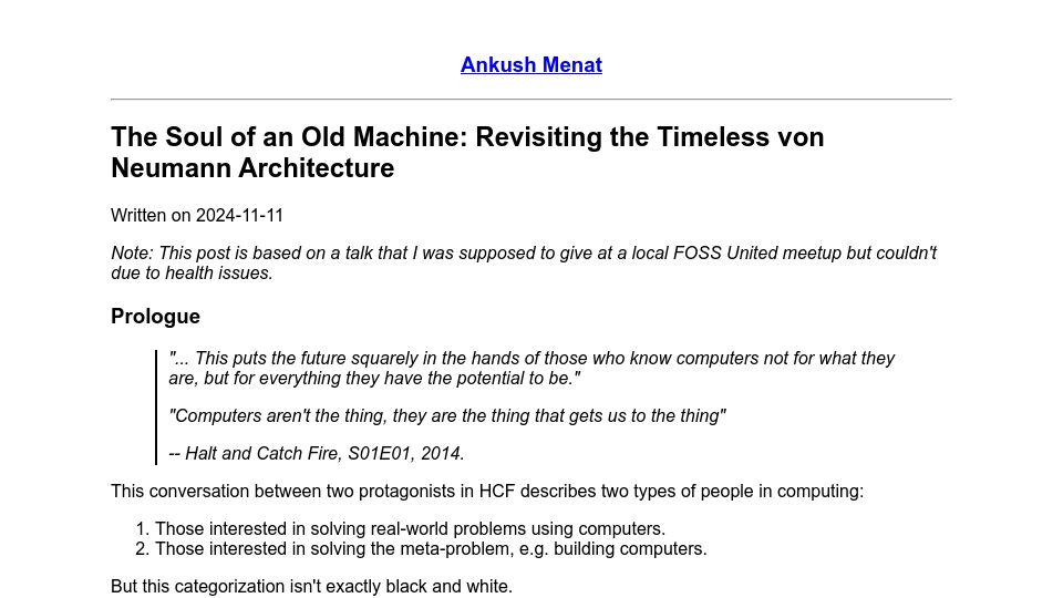 Screenshot of ankush.dev: The Soul of an Old Machine: Revisiting the Timeless von Neumann Architecture