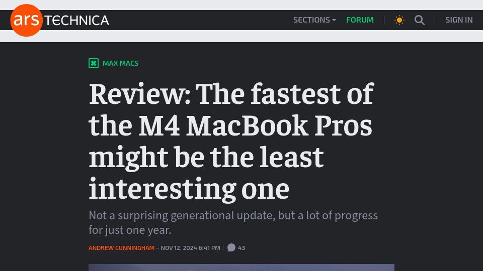 Screenshot of arstechnica.com: Review: The fastest of the M4 MacBook Pros might be the least interesting one