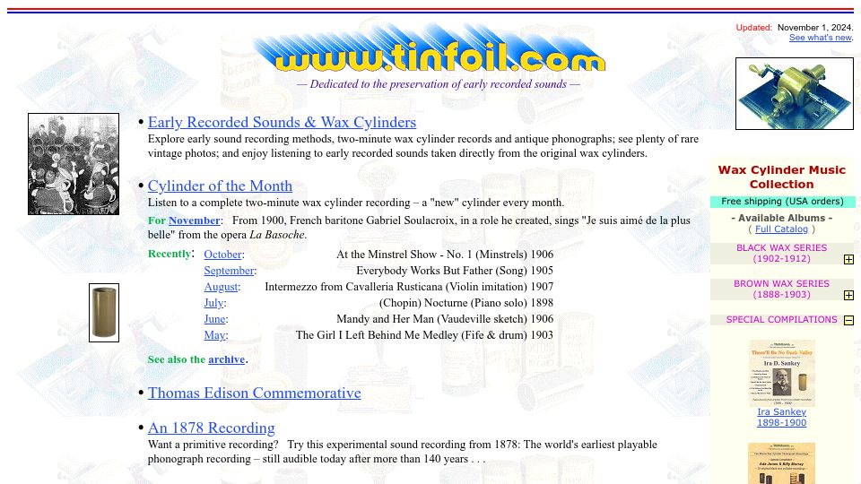 Screenshot of tinfoil.com: Tinfoil.com – Dedicated to the preservation of early recorded sounds