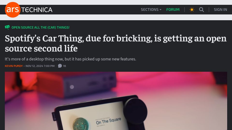 Screenshot of arstechnica.com: Spotify's Car Thing, due for bricking, is getting an open source second life