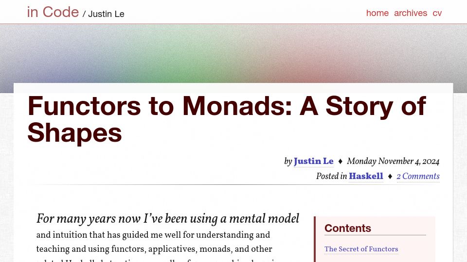 Screenshot of blog.jle.im: Functors to Monads: A Story of Shapes