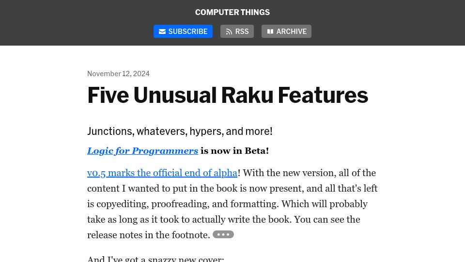 Screenshot of buttondown.com: Unusual Raku Features