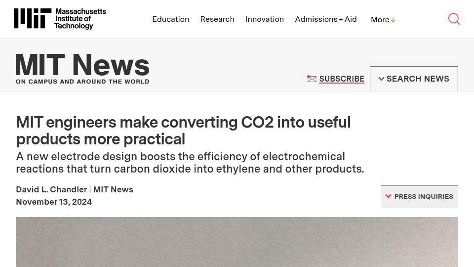 Screenshot of news.mit.edu: MIT engineers make converting CO2 into useful products more practical