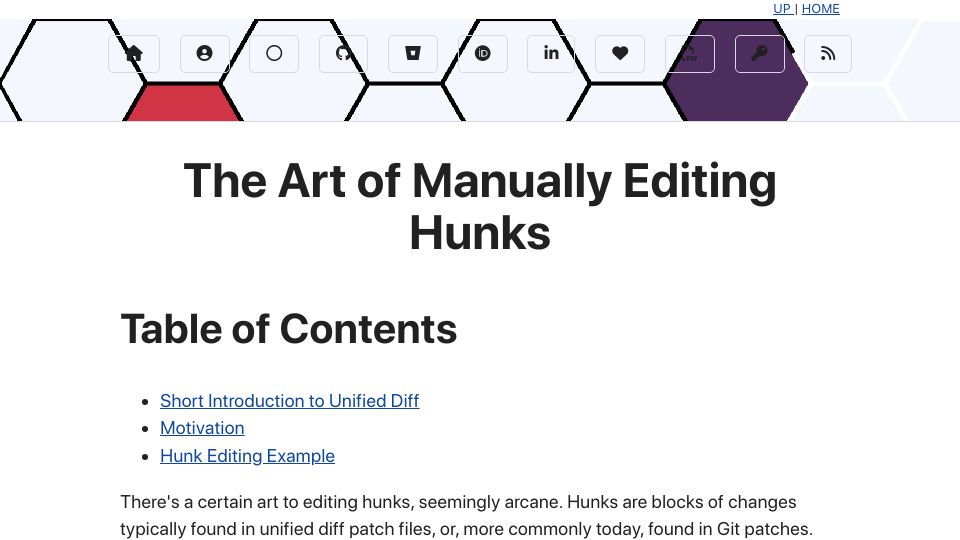 Screenshot of kennyballou.com: The Art of Manually Editing Hunks