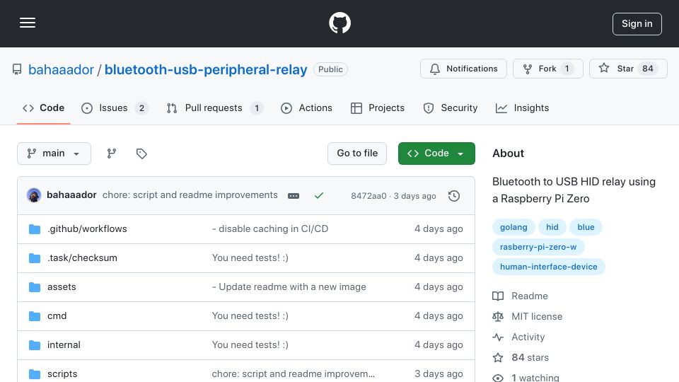 Screenshot of github.com: Show HN: Bluetooth USB Peripheral Relay – Bridge Bluetooth Devices to USB