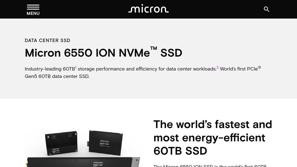 Screenshot of micron.com: Micron launches 60TB PCIe gen5 SSD with 12GB/s read speeds