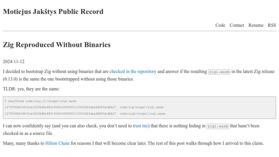 Screenshot of jakstys.lt: Zig Reproduced Without Binaries