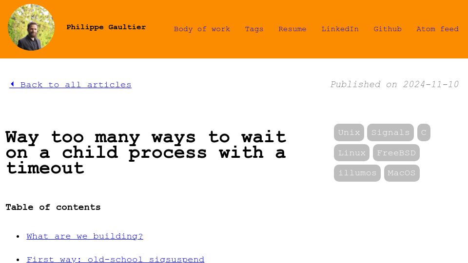 Screenshot of gaultier.github.io: Way too many ways to wait on a child process with a timeout