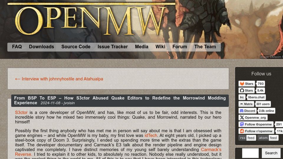 Screenshot of openmw.org: From BSP to ESP – How S3ctor Abused Quake Editors to Redefine the Morrowind Mod