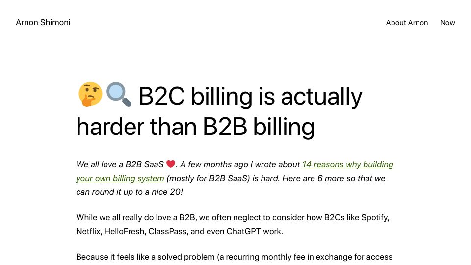 Screenshot of arnon.dk: B2C billing is harder than B2B billing