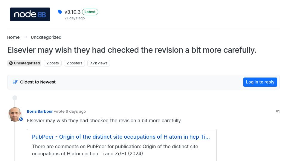 Screenshot of community.nodebb.org: Elsevier may wish they had checked the revision a bit more carefully