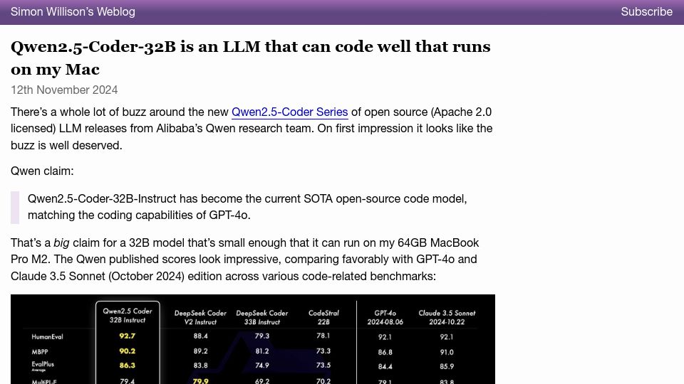 Screenshot of simonwillison.net: Qwen2.5-Coder-32B is an LLM that can code well that runs on my Mac