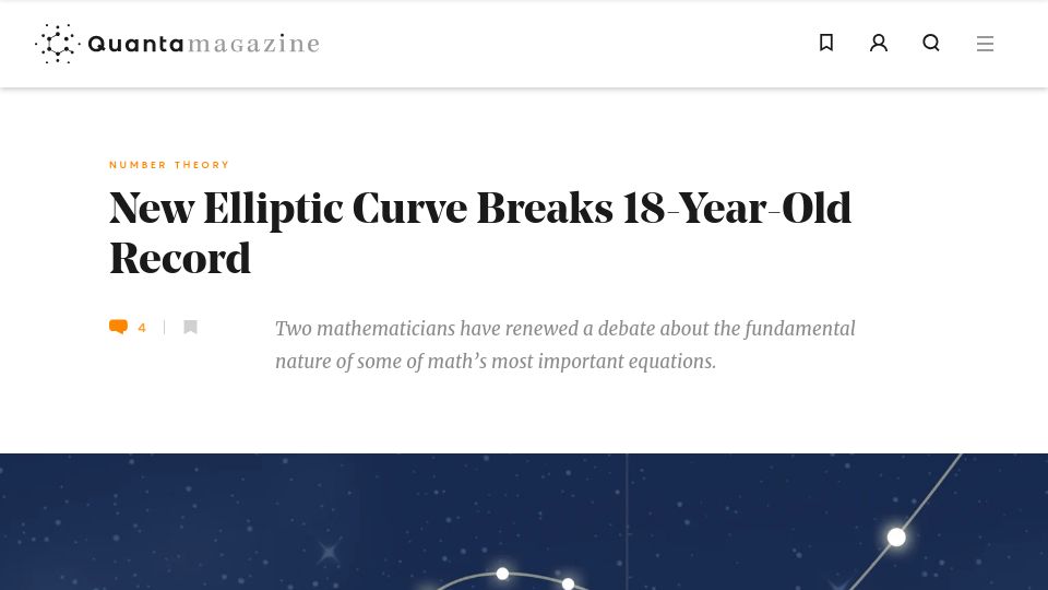 Screenshot of quantamagazine.org: New elliptic curve breaks 18-year-old record