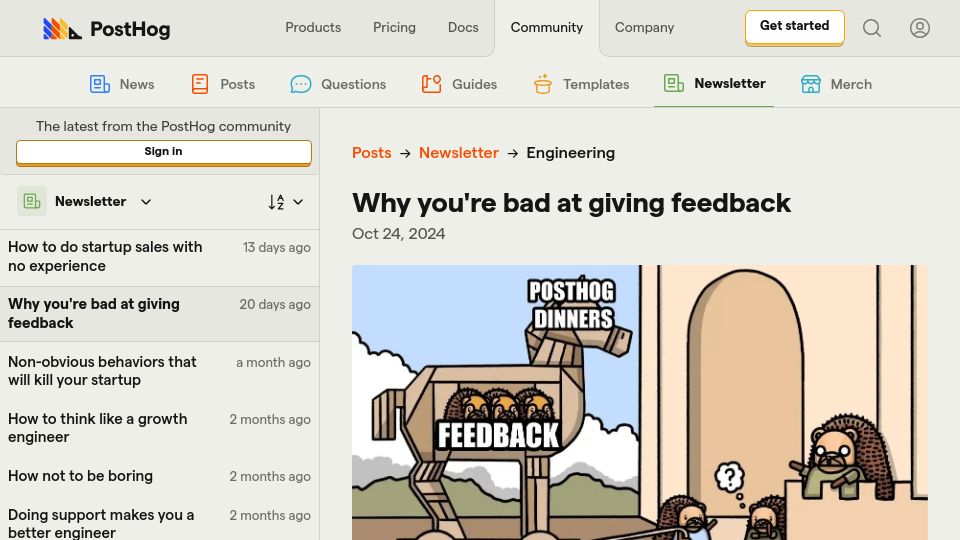 Screenshot of posthog.com: Delivering actionable feedback
