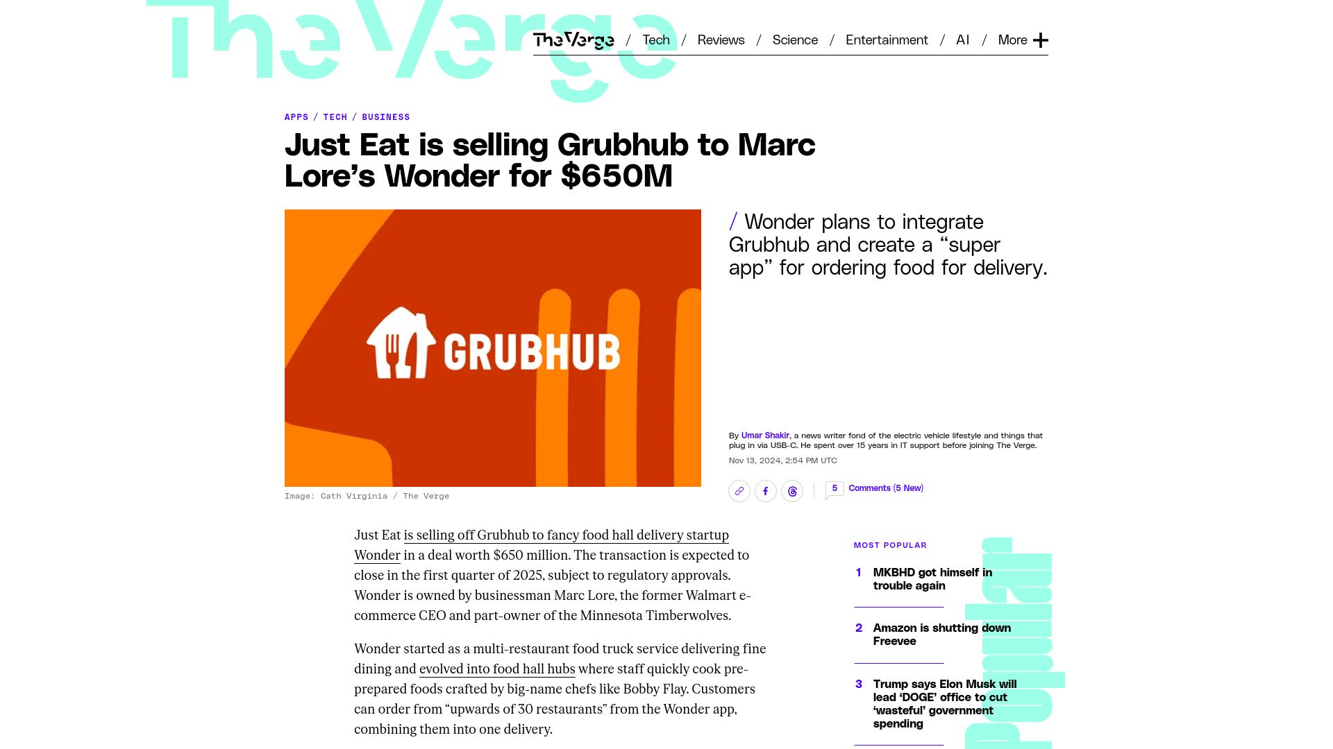 Screenshot of theverge.com: Just Eat Is Selling Grubhub to Marc Lore's Wonder for $650M