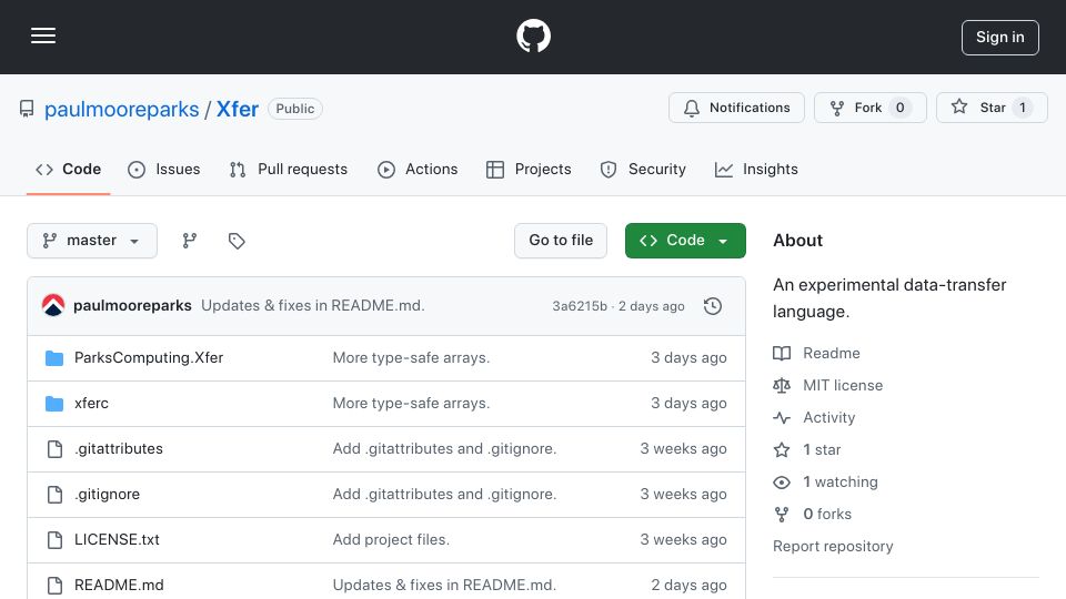 Screenshot of github.com: Show HN: Xfer, a data-transfer language