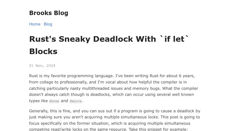 Screenshot of brooksblog.bearblog.dev: Rust's Sneaky Deadlock With `if let` Blocks