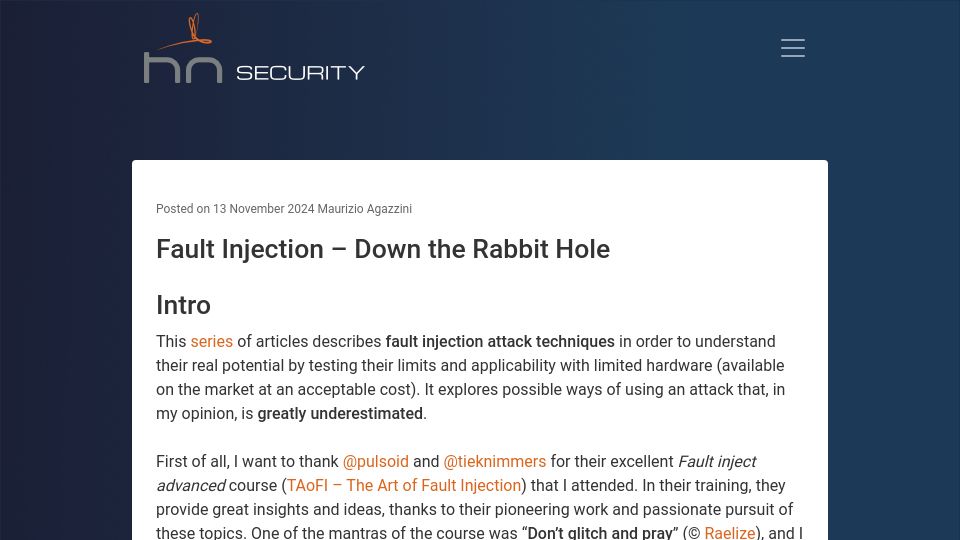Screenshot of security.humanativaspa.it: Fault Injection – Down the Rabbit Hole