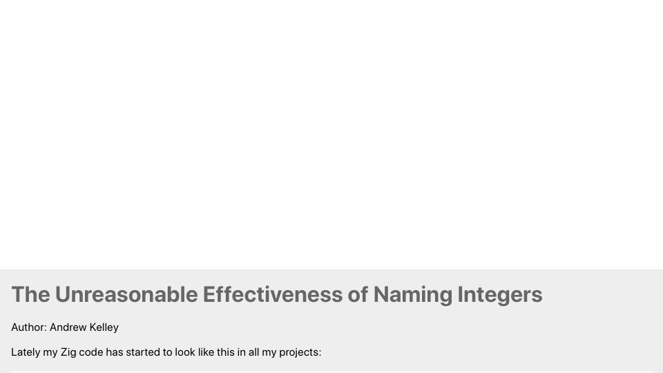 Screenshot of ziglang.org: The Unreasonable Effectiveness of Naming Integers