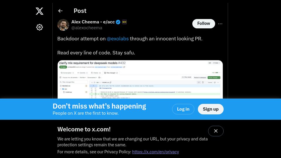 Screenshot of twitter.com: Backdoor attempt on Exolabs GitHub repo through an innocent looking PR