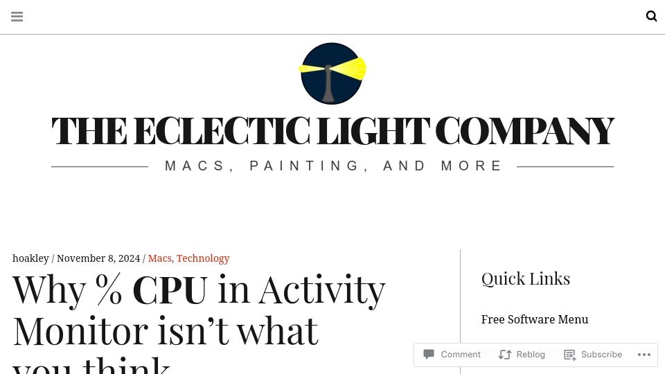 Screenshot of eclecticlight.co: The number given as % CPU in Activity Monitor