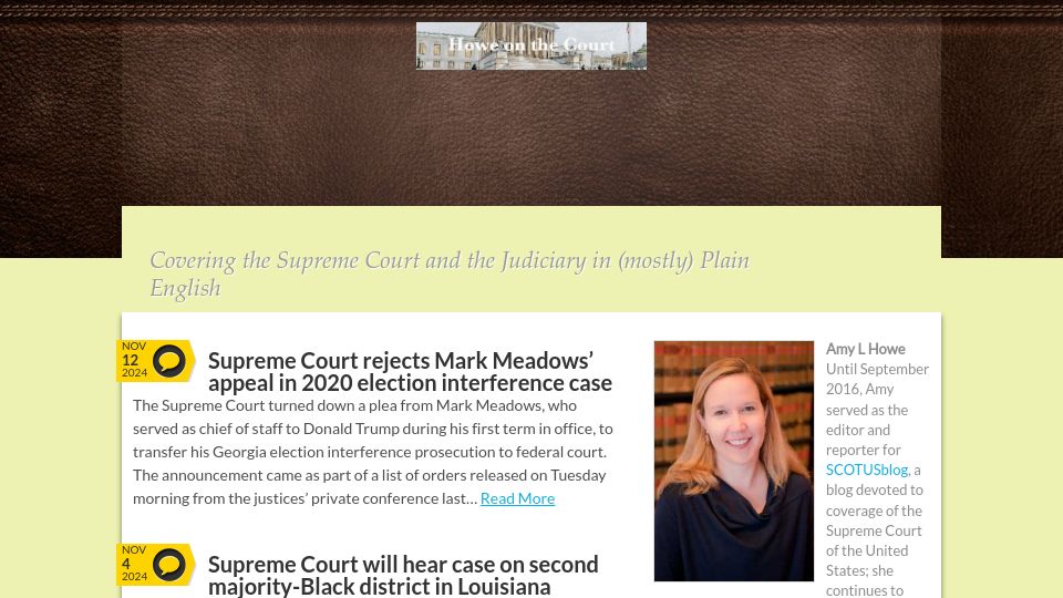 Screenshot of amylhowe.com: Covering the Supreme Court and the Judiciary in (Mostly) Plain English