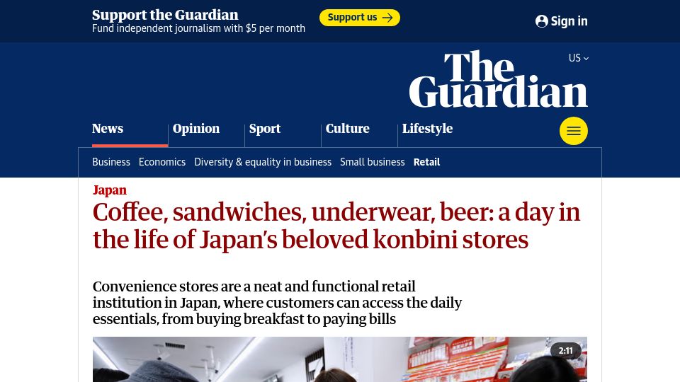 Screenshot of theguardian.com: Coffee, sandwiches, underwear, beer: a day in the life of Japan's konbini