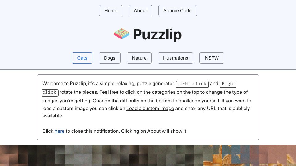 Screenshot of puzzlip.com: Show HN: A simple image puzzle generator