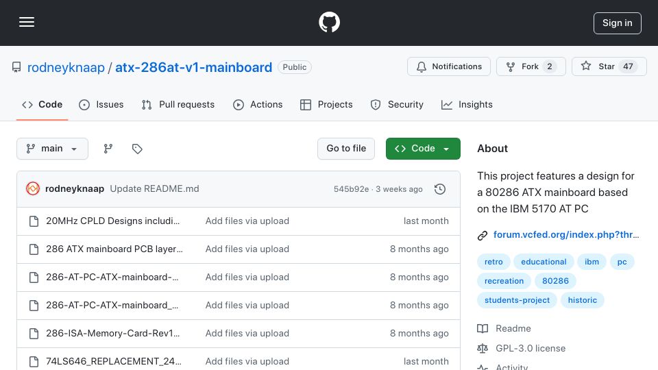 Screenshot of github.com: 80286 ATX mainboard based on the IBM 5170 AT PC