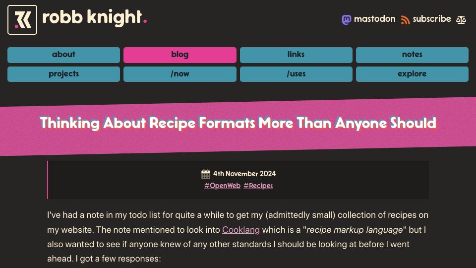 Screenshot of rknight.me: Thinking about recipe formats more than anyone should