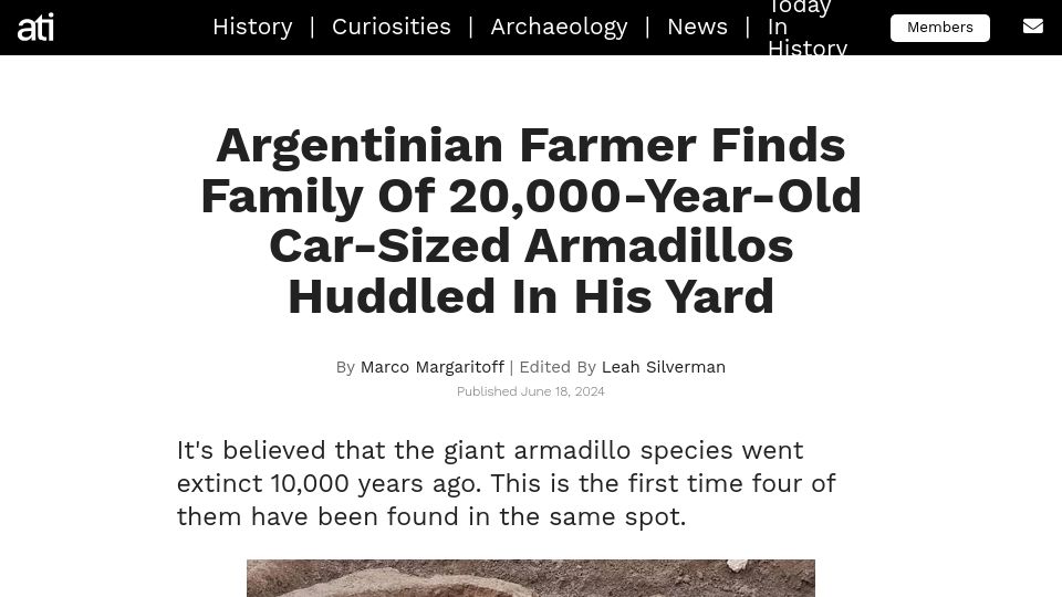 Screenshot of allthatsinteresting.com: Argentinian Farmer Finds Family of 20k-Year-Old Car-Sized Armadillos