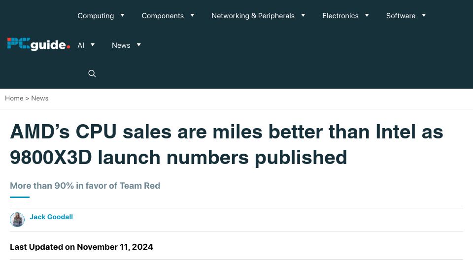 Screenshot of pcguide.com: AMD's CPU sales are miles better than Intel