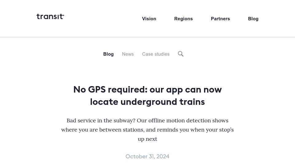 Screenshot of blog.transitapp.com: No GPS required: our app can now locate underground trains