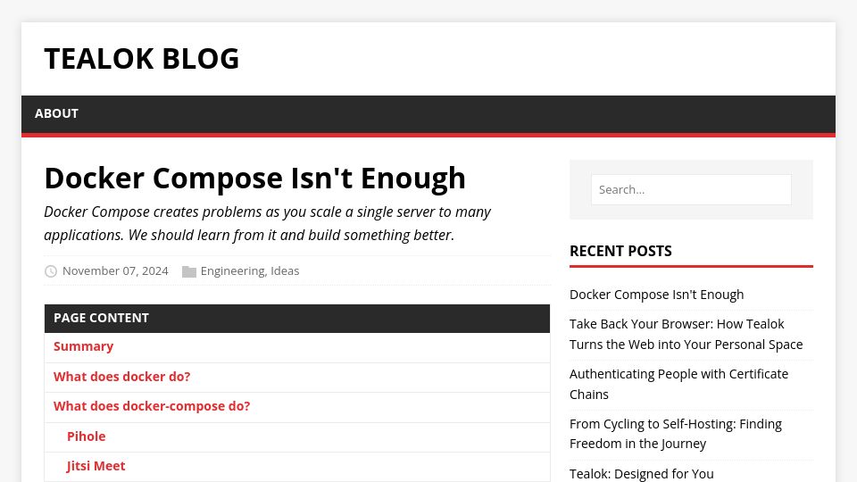 Screenshot of blog.tealok.tech: Docker Compose Isn't Enough