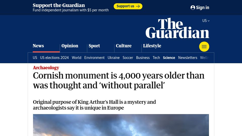 Screenshot of theguardian.com: Cornish monument is 4k years older than was thought and 'without parallel'