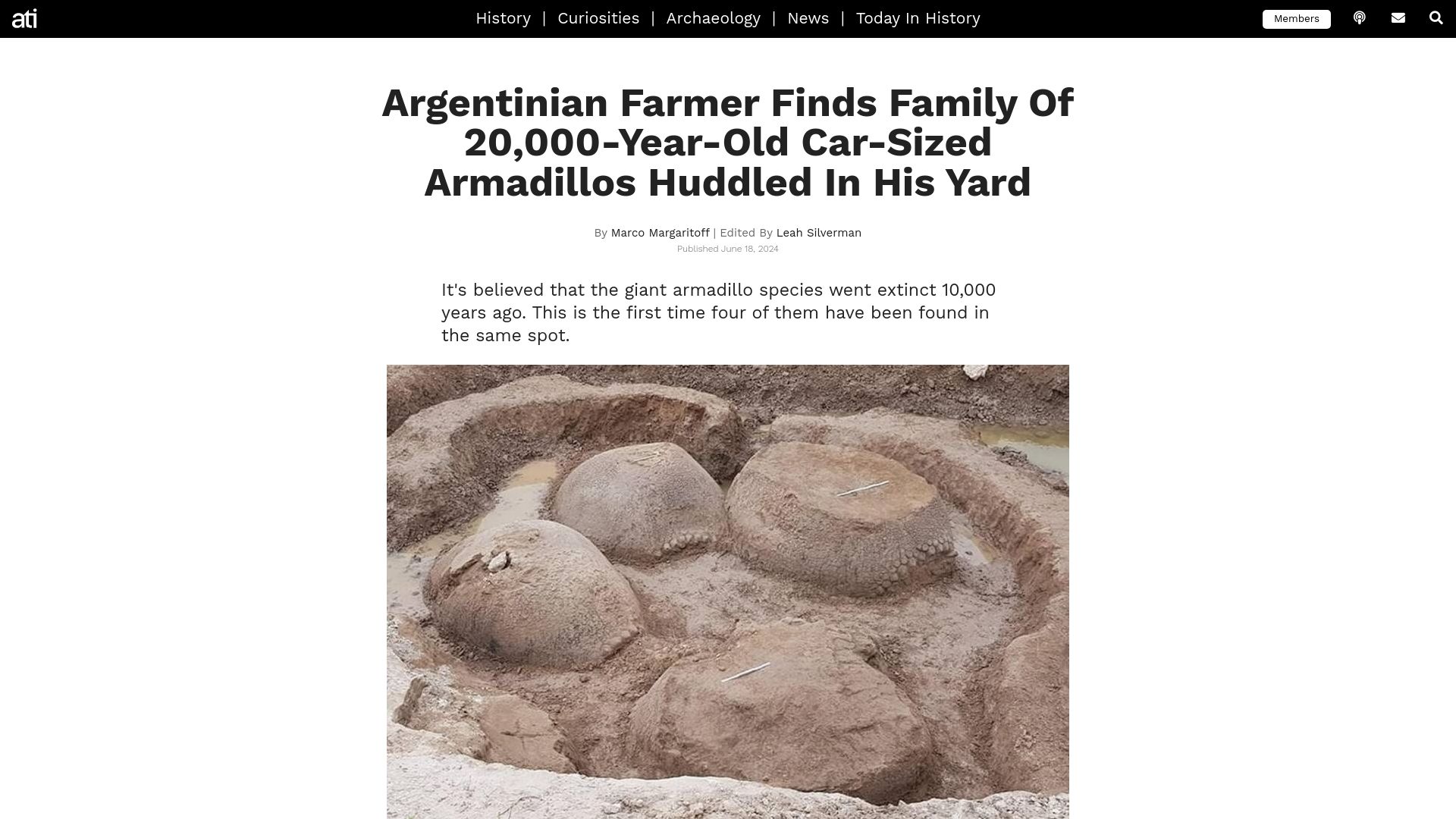 Screenshot of allthatsinteresting.com: Argentinian Farmer Finds Family of 20k-Year-Old Car-Sized Armadillos