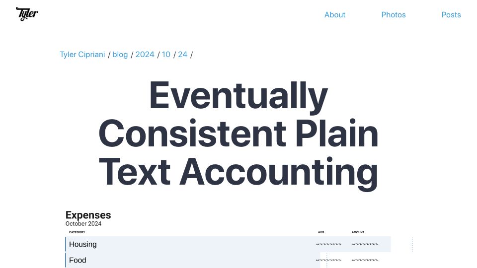 Screenshot of tylercipriani.com: Eventually consistent plain text accounting