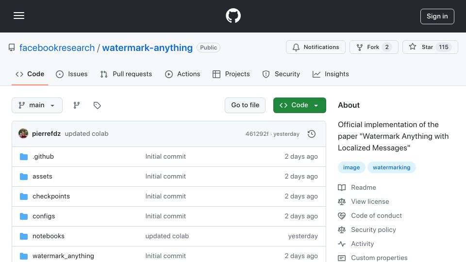 Screenshot of github.com: Watermark Anything