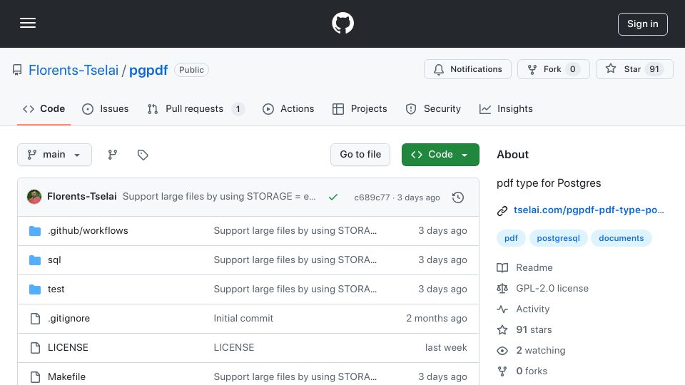 Screenshot of github.com: PgPDF: Pdf Type and Functions for Postgres