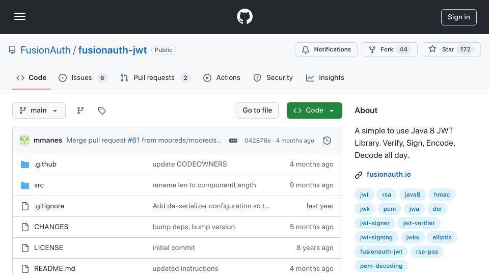 Screenshot of github.com: A simple to use Java 8 JWT Library