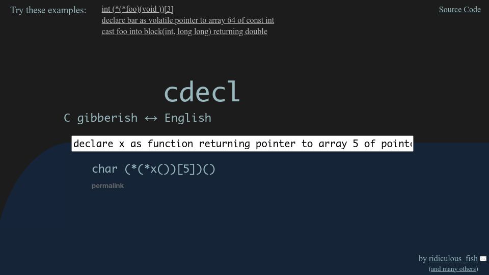 Screenshot of cdecl.org: C Gibberish to English