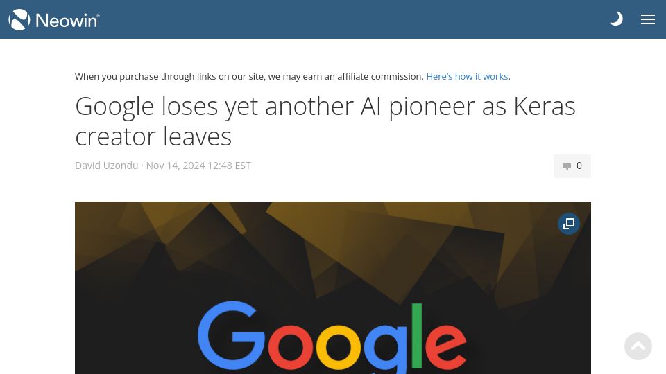 Screenshot of neowin.net: Google loses yet another AI pioneer as Keras creator leaves
