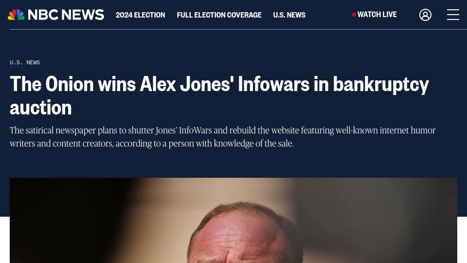 Screenshot of nbcnews.com: The Onion wins Alex Jones' Infowars in bankruptcy auction