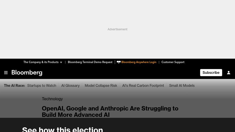 Screenshot of bloomberg.com: OpenAI, Google and Anthropic are struggling to build more advanced AI