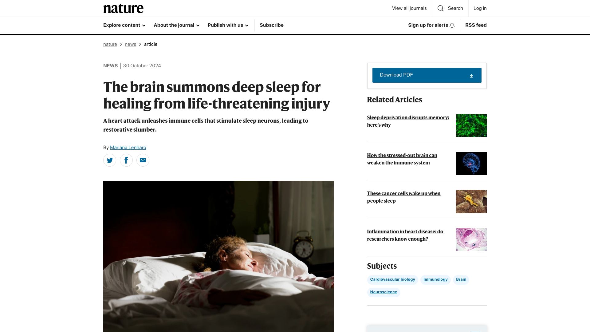 Screenshot of nature.com: The brain summons deep sleep for healing from life-threatening injury